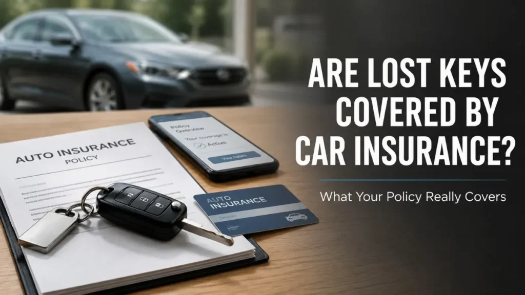 Are lost keys covered by car insurance? Car key, auto insurance policy, and smartphone showing insurance coverage.