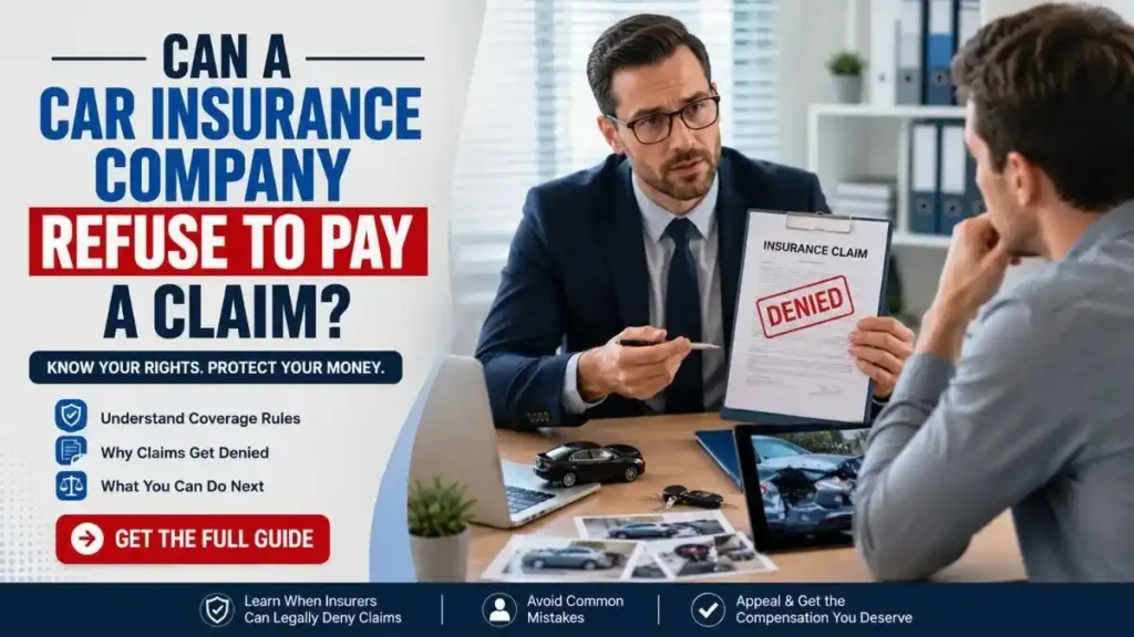 Can a car insurance company refuse to pay a claim? Insurance adjuster reviewing a denied car insurance claim with a policyholder.