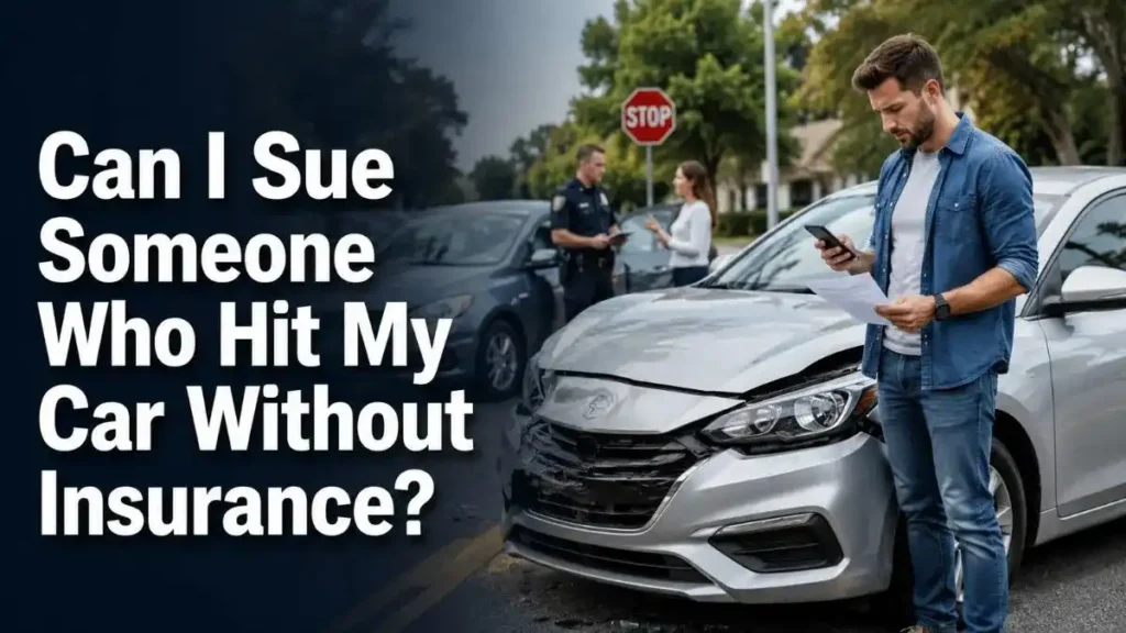 Can I Sue Someone Who Hit My Car Without Insurance? Damaged car after a crash with an uninsured driver on a U.S. road.