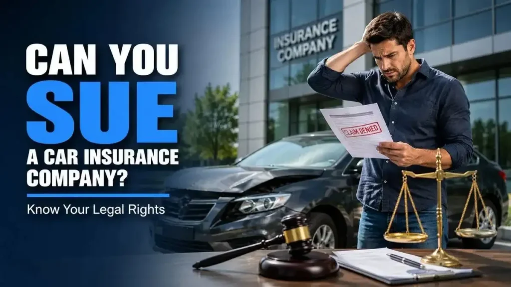 Driver reviewing a denied car insurance claim while considering legal action against an insurance company.