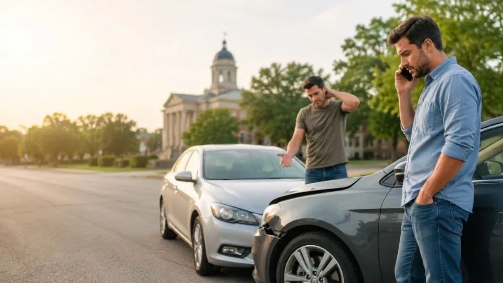 Driver standing beside a damaged car after being hit by an uninsured driver on a U.S. street.