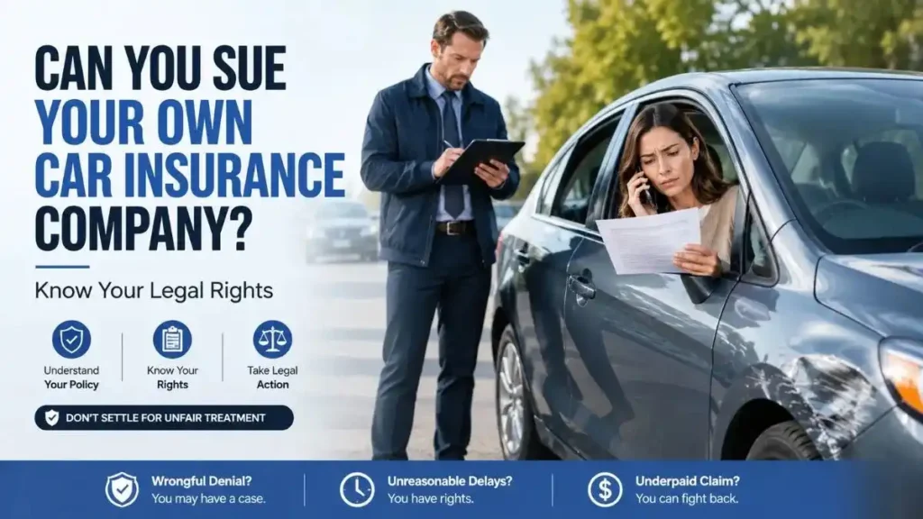 Driver reviewing an insurance claim denial while an insurance adjuster inspects a damaged car, illustrating when you can sue your own car insurance company.