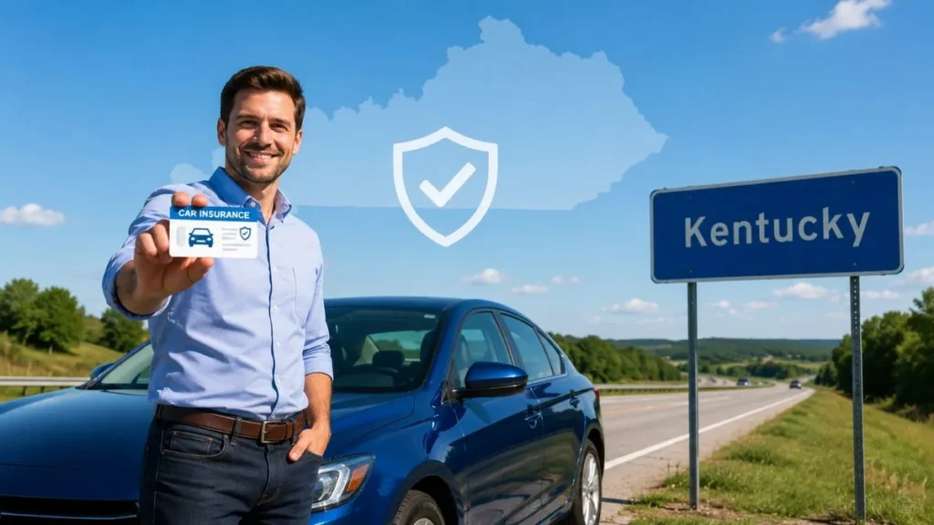 Driver holding a car insurance card beside a blue sedan on a Kentucky highway, explaining Kentucky's mandatory car insurance requirements.