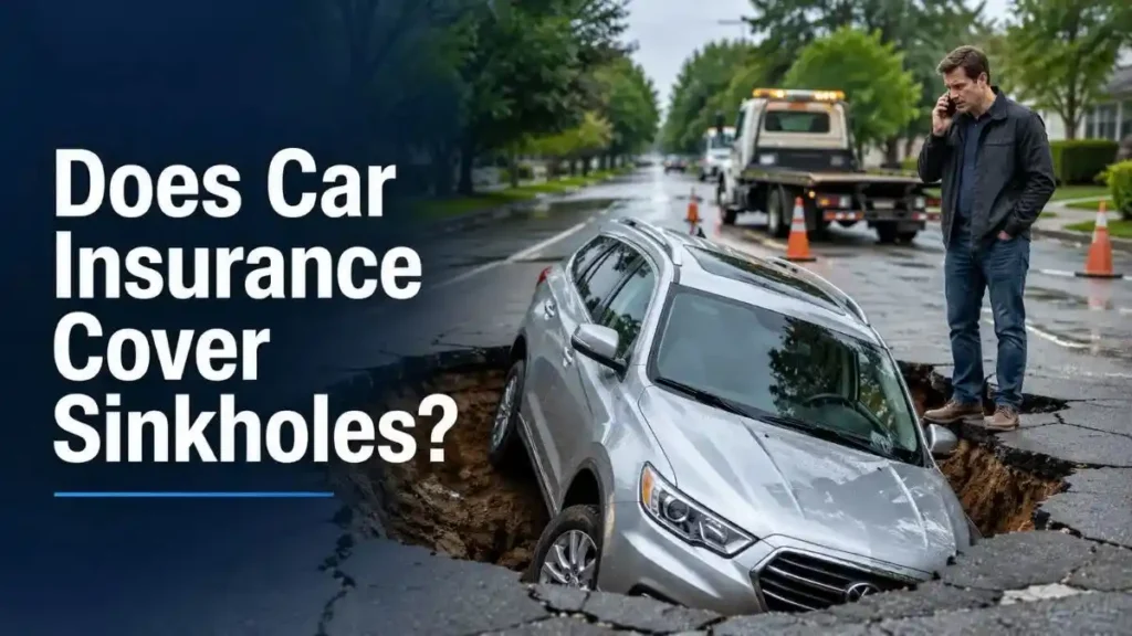 Does car insurance cover sinkholes? A silver SUV partially sinking into a road sinkhole while the driver contacts their insurance company.