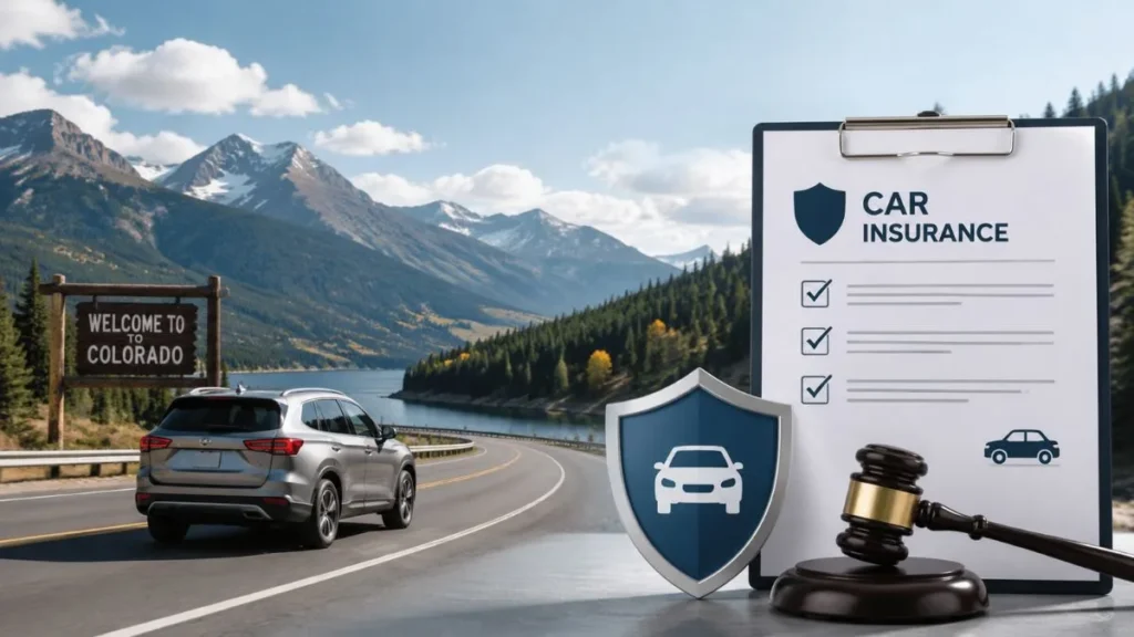 Colorado no-fault car insurance laws explained with car and insurance protection concept