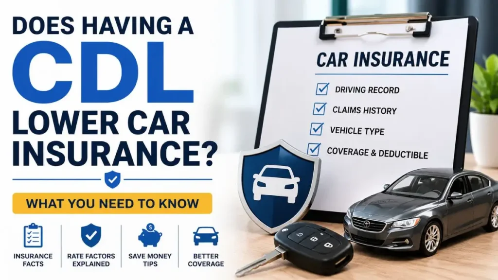 Does having a CDL lower car insurance? Illustration showing a commercial driver's license, car insurance checklist, and vehicle.