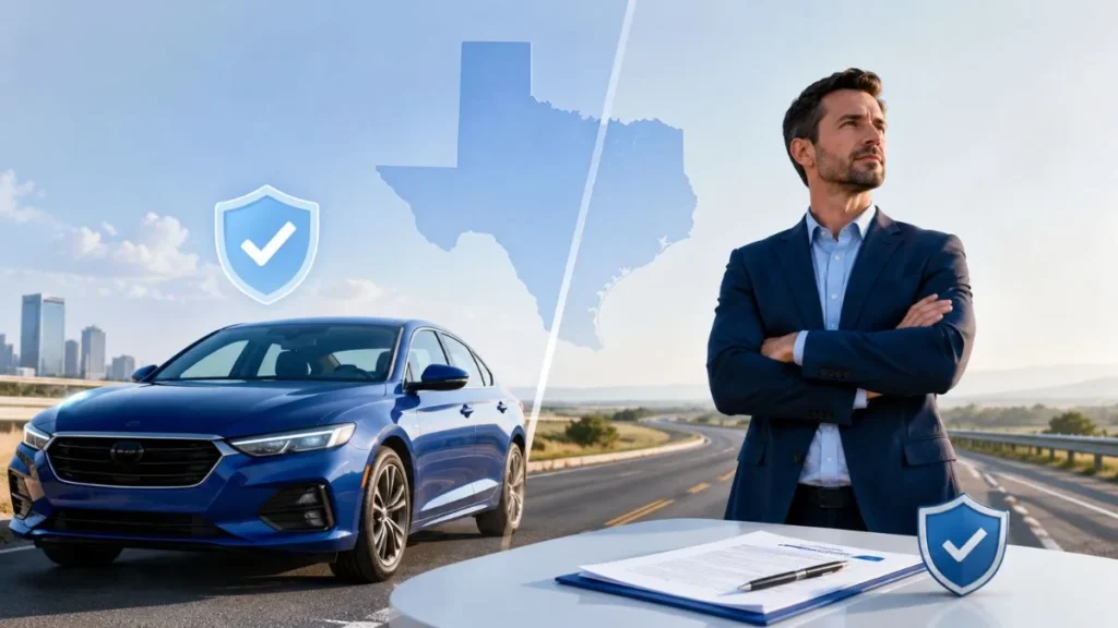 Does insurance follow the car or the driver in Texas? Illustration showing an insured car, driver, and Texas auto insurance coverage.