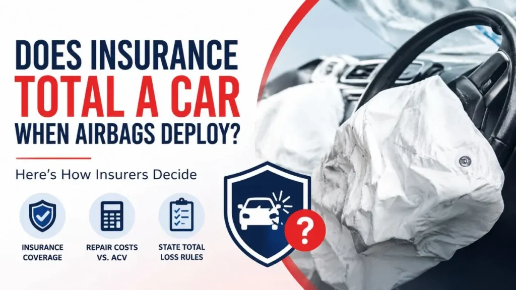 Does insurance total a car when airbags deploy? Illustration showing deployed airbags and how insurers determine a total loss based on repair costs and actual cash value (ACV).