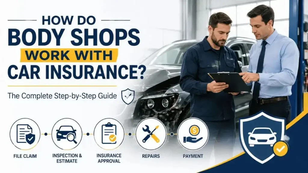 How do body shops work with car insurance? Illustration showing the insurance claim, repair estimate, approval, vehicle repair, and payment process.