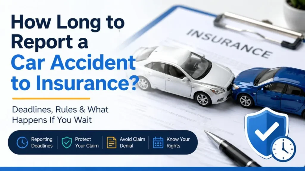 How long to report a car accident to insurance infographic showing reporting deadlines, insurance claim timeline, and accident reporting rules