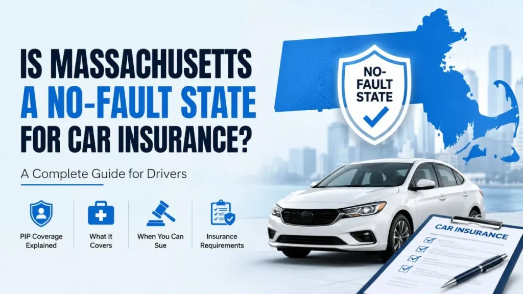 Is Massachusetts a No-Fault State for Car Insurance? Featured image showing Massachusetts map, car, and PIP insurance concept.