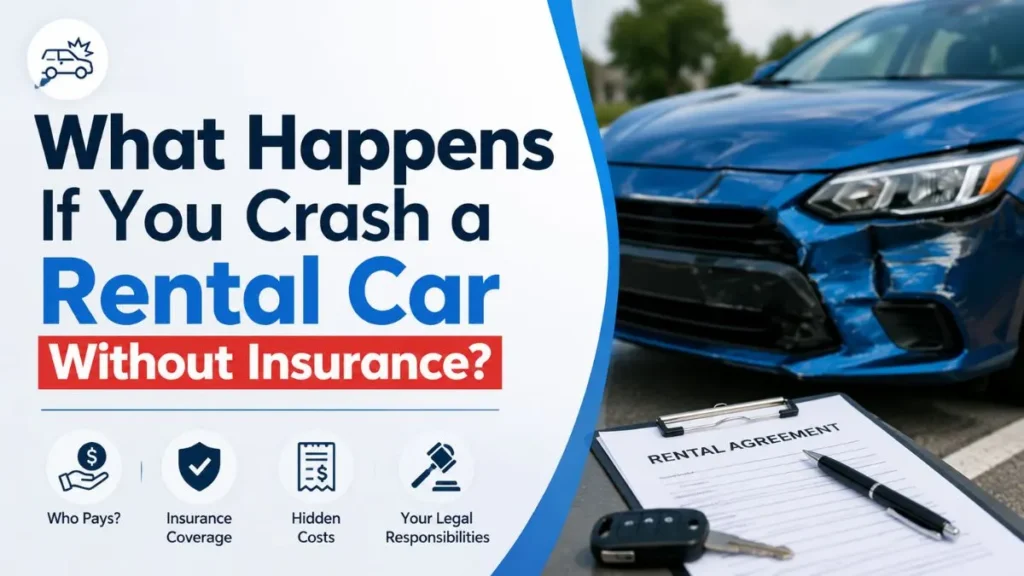 What happens if you crash a rental car without insurance showing a damaged rental car, rental agreement, and insurance claim concept