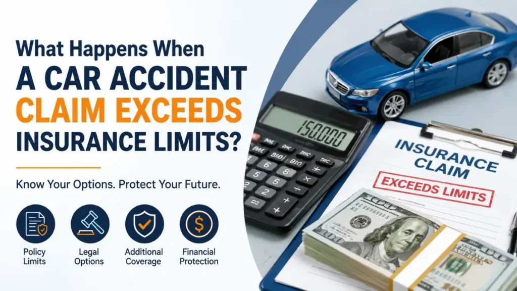 Illustration explaining what happens when a car accident claim exceeds insurance limits, including policy limits, coverage gap, lawsuits, and umbrella insurance