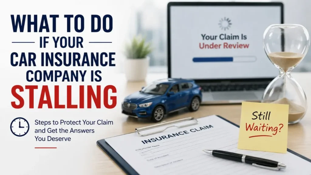 What to do if your car insurance company is stalling featured image showing a delayed insurance claim with a car, claim document, and hourglass