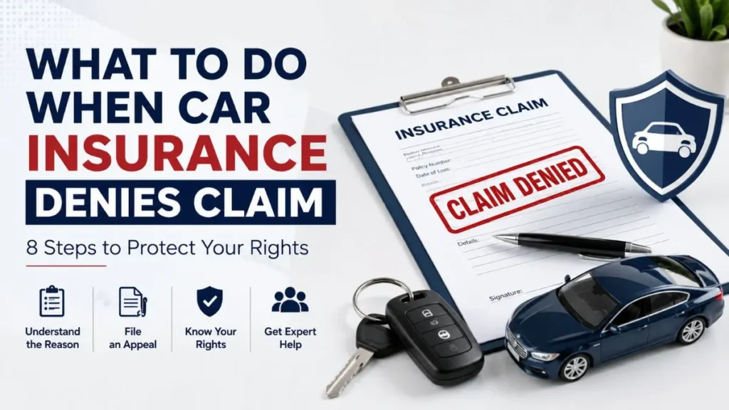 What to do when car insurance denies claim with denied insurance claim form, car, and protection shield illustration