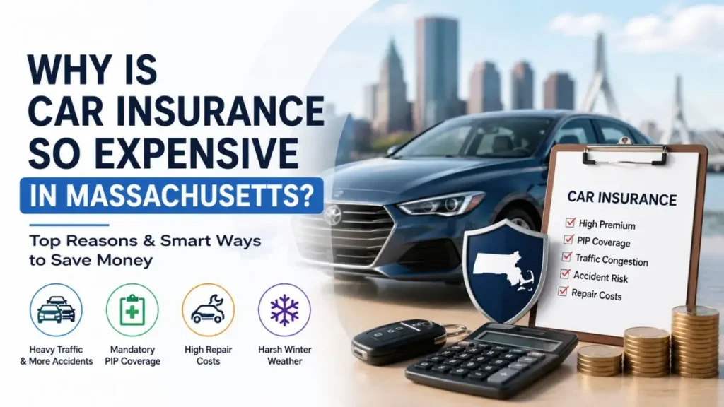 Why is car insurance so expensive in Massachusetts? Illustration showing the main factors behind high auto insurance premiums.