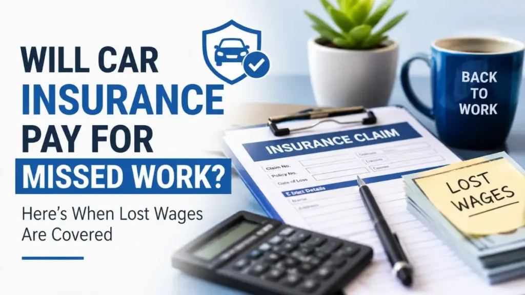 Will car insurance pay for missed work? Illustration showing lost wages, insurance claim documents, and car insurance coverage.