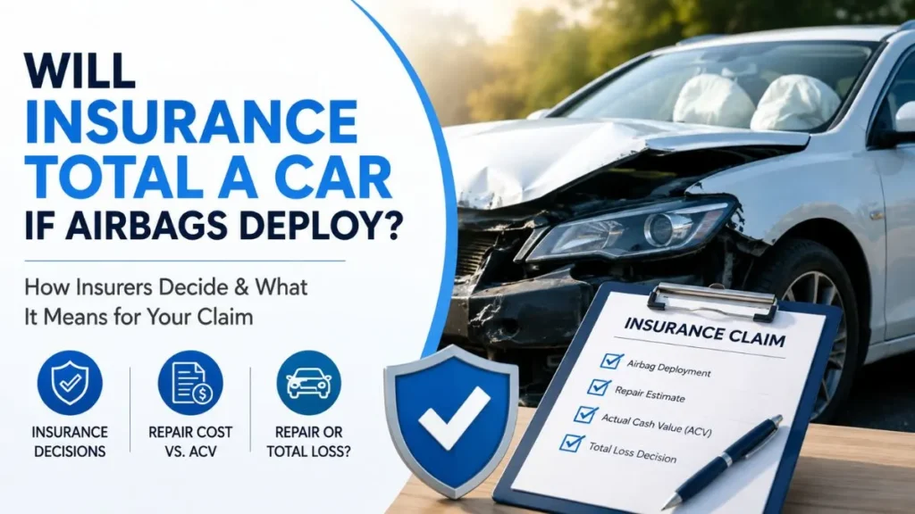 Will insurance total a car if airbags deploy? Damaged car with deployed airbags during an insurance claim inspection.