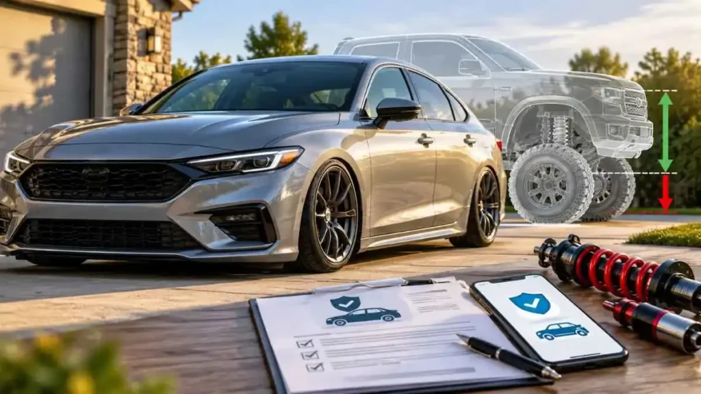 Car height adjustment and auto insurance coverage for a modified vehicle