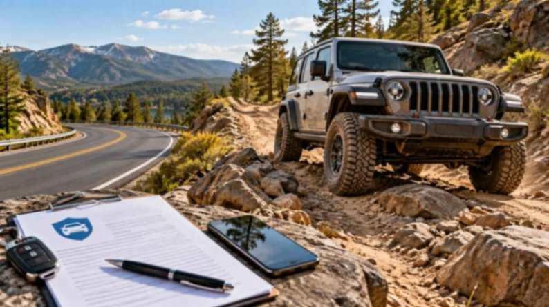 SUV driving on an off-road trail for car insurance coverage