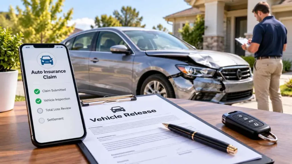 Should I release my car to the insurance company showing a damaged car, auto insurance claim, vehicle release document, and insurance adjuster