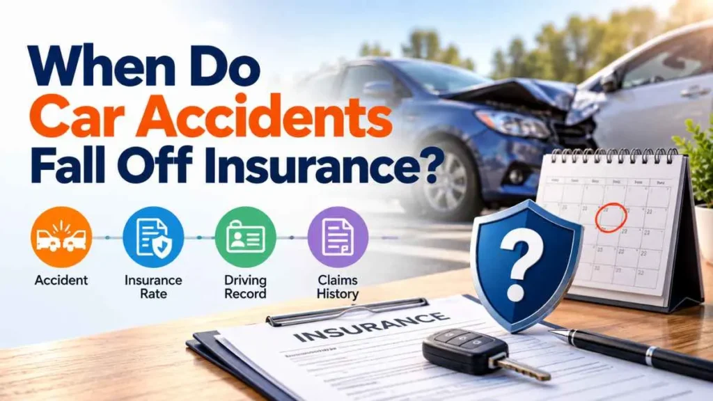 When do car accidents fall off insurance showing a damaged car, insurance policy, and accident timeline