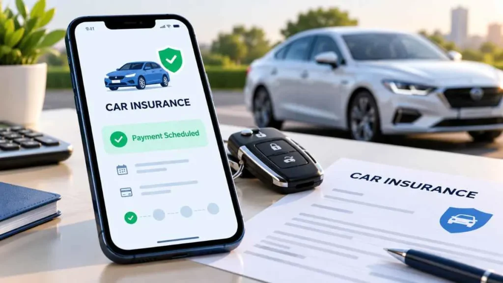 Does Deferit pay car insurance with a smartphone showing a scheduled car insurance payment
